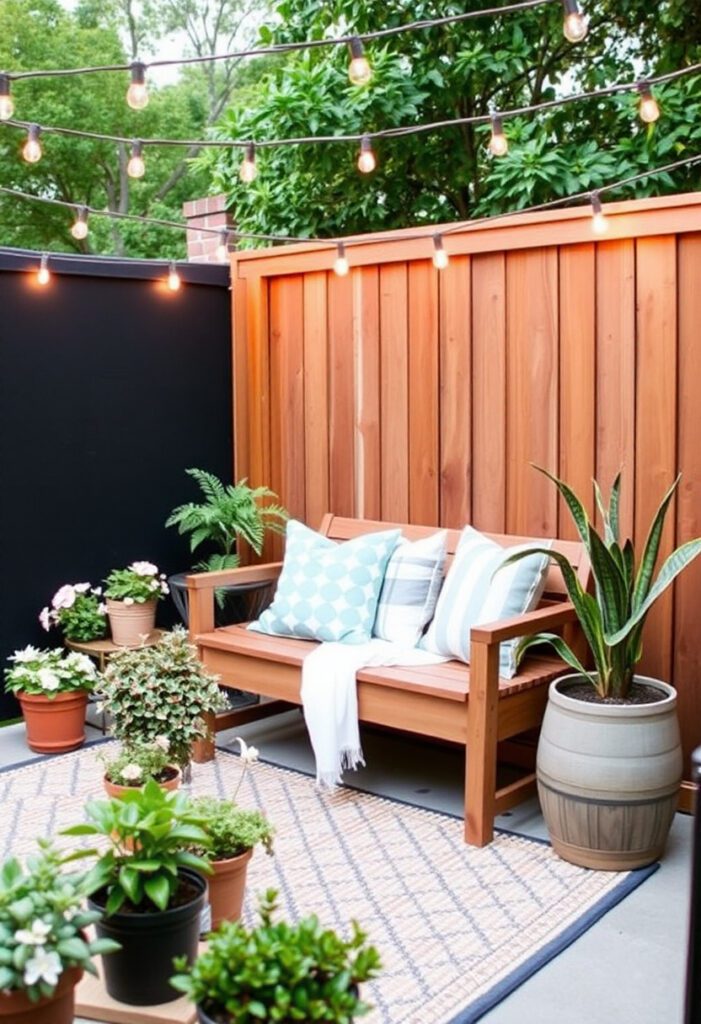  Outdoor seating area with a DIY wood bench, string lights, and cozy cushions on a backyard patio.