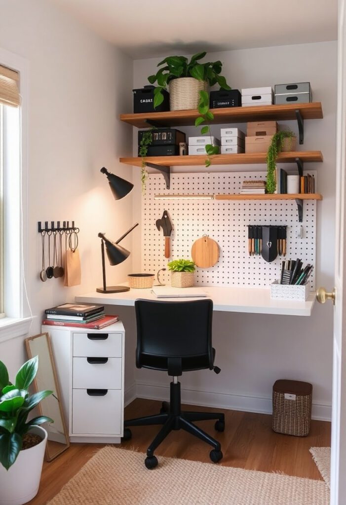 Custom home office setup with a built-in desk, pegboard storage, and floating shelves in a small space.