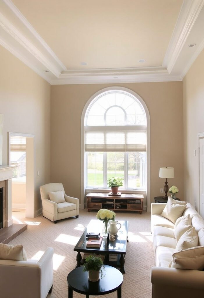 Living room with new white crown molding and trim accents on beige walls with natural lighting.