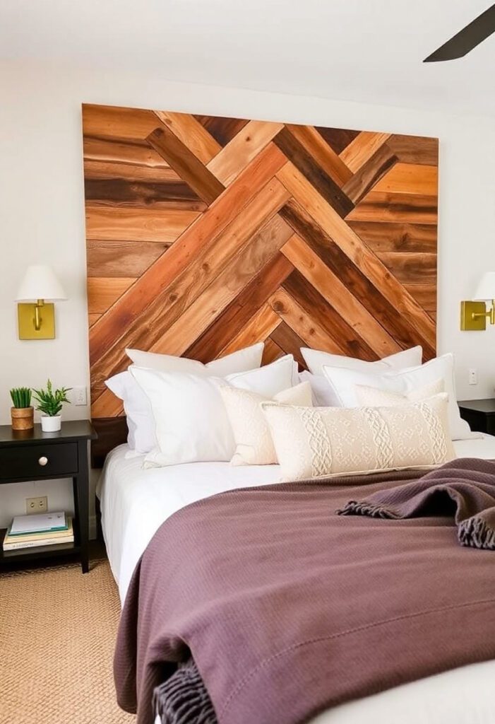  Chevron-style reclaimed wood statement headboard in a cozy bedroom with neutral bedding and brass lights.