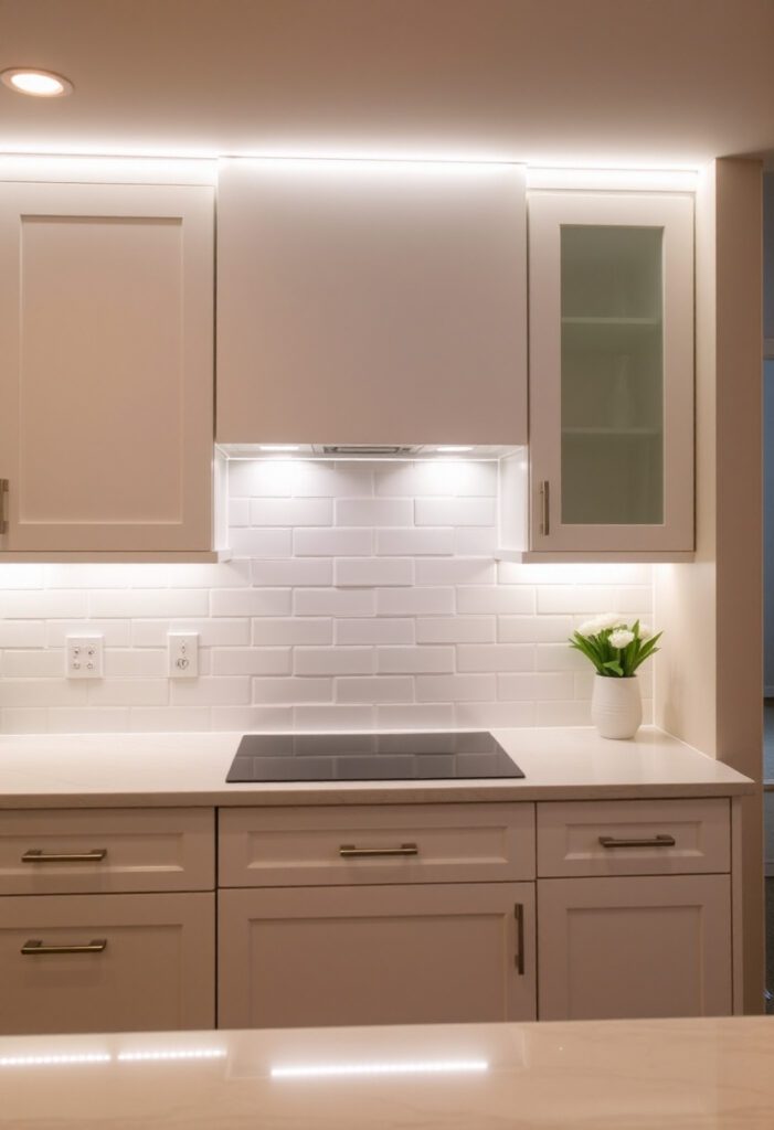 Under-cabinet LED lighting highlighting a white tile backsplash and quartz countertops in a modern kitchen.
