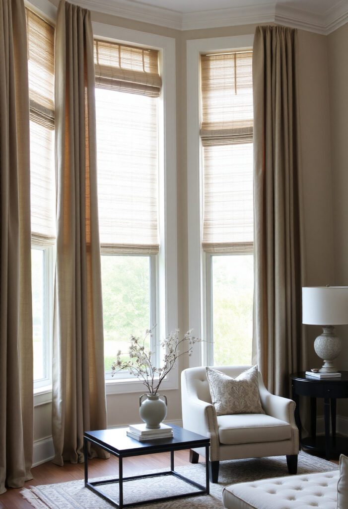  Custom linen curtains and Roman shades on tall living room windows with soft natural light coming through.