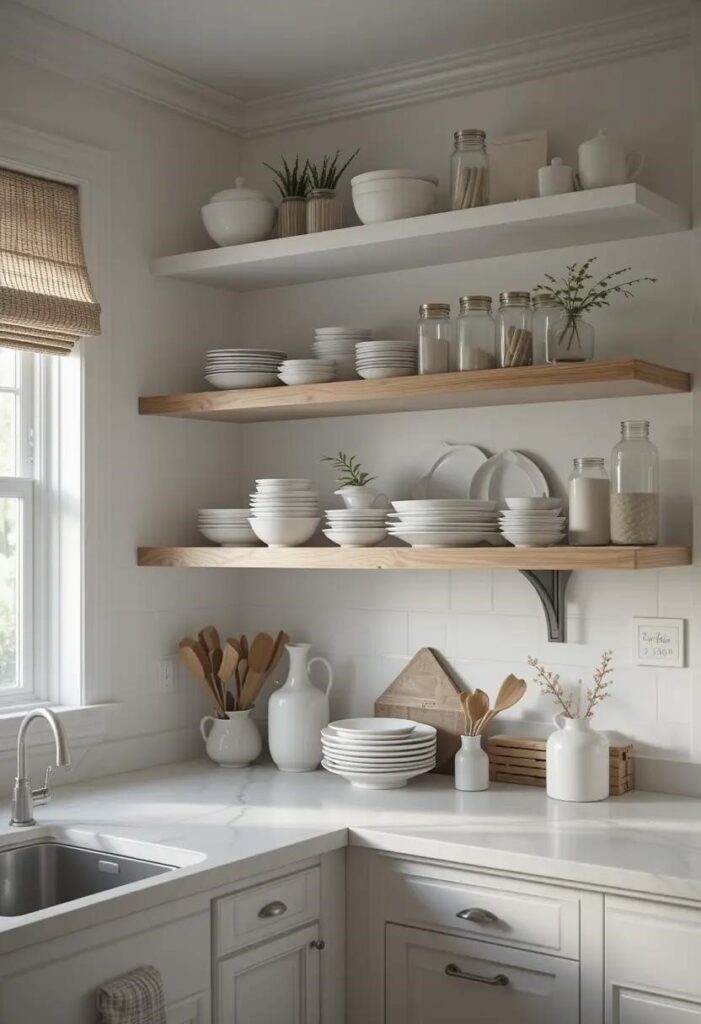  White open kitchen shelves with neatly arranged dishes and jars in a Scandinavian-style kitchen.
