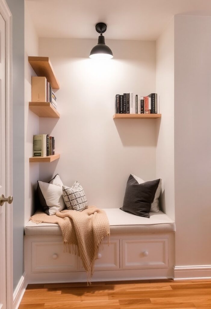  Cozy reading nook with a built-in bench, cushions, floating shelves, and a reading lamp in a small corner.