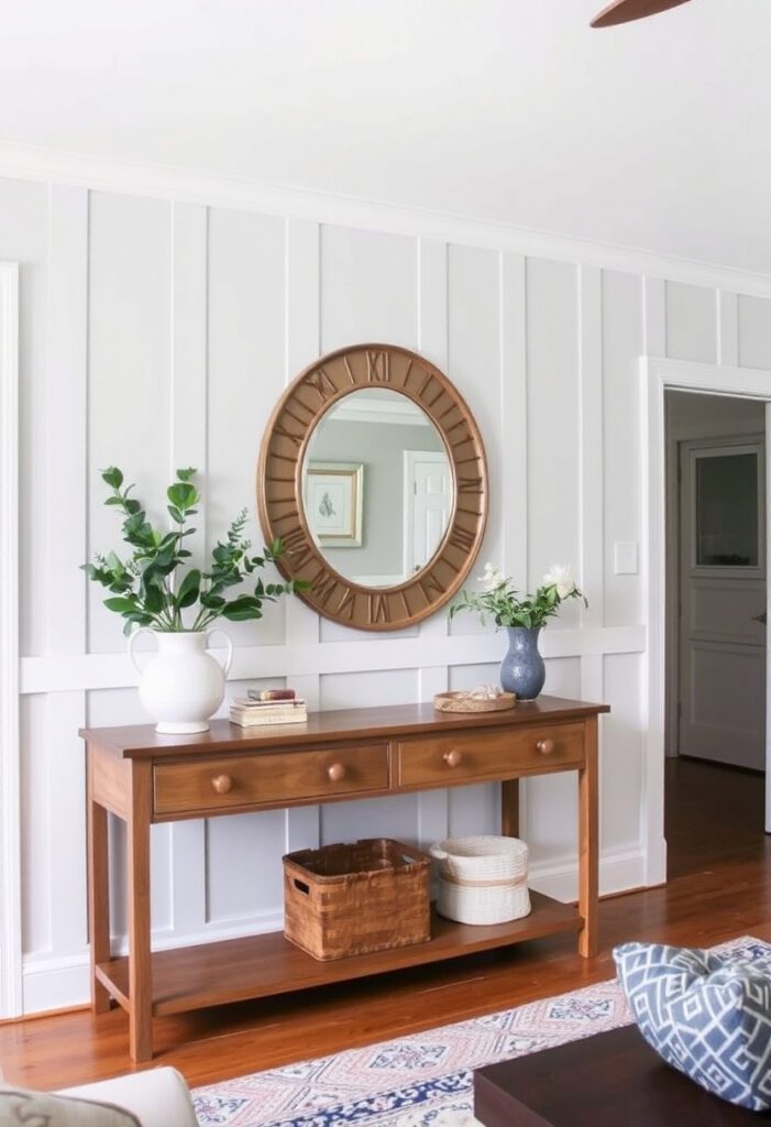  Gray DIY board and batten wall in a living room with a wooden console and framed artwork.