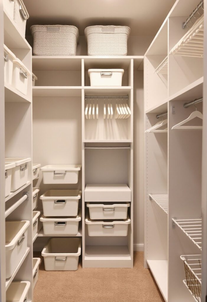  Custom closet with matching hangers, labeled bins, and vertical storage shelves in a neutral-toned space.
