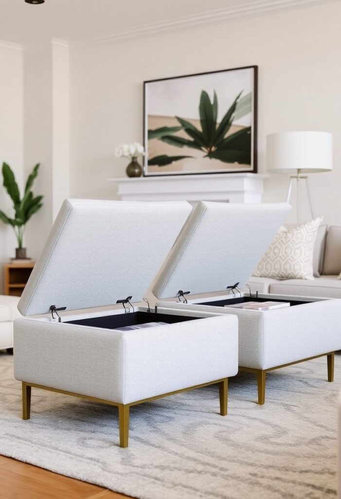 Custom storage ottomans with hidden compartments and neutral fabric in a modern living room.
