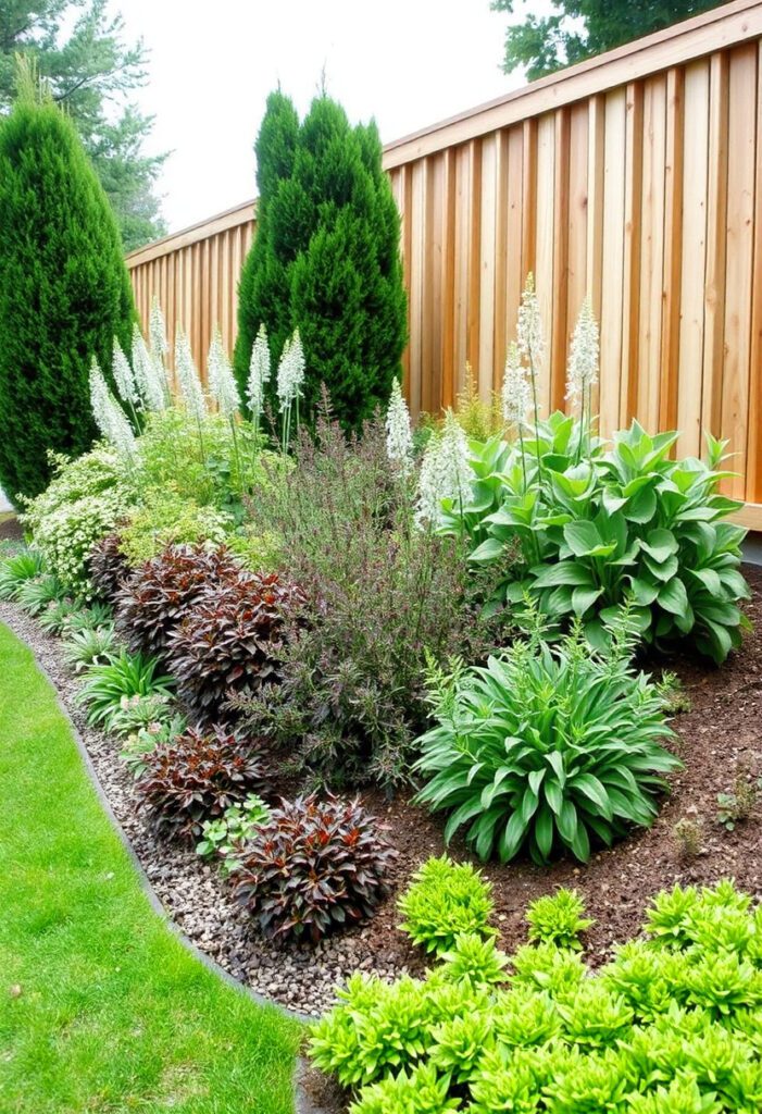 Layered planting bed with tall shrubs, perennials, and groundcovers creating depth and a calming flow in a well-structured home garden.