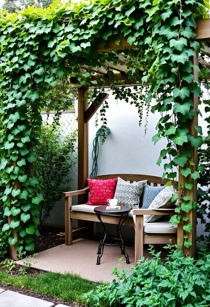 Comfortable garden seating with a cushioned bench under a vine-covered pergola, ideal for relaxing in a peaceful outdoor setting.