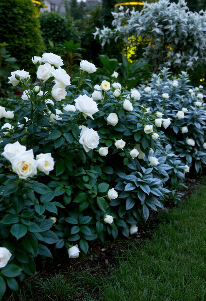 Twilight moon garden with glowing white blooms and reflective foliage, creating a calming nighttime retreat with soft solar lighting.