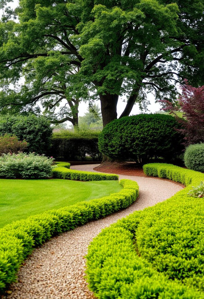 Meandering garden pathway made of gravel, curving through greenery to invite relaxed exploration in a home garden.