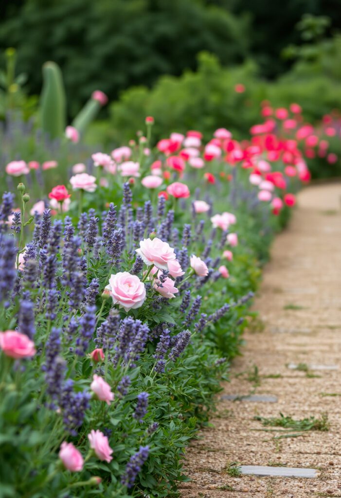 Fragrant garden path bordered by roses and lavender, blending visual beauty with natural scents for a relaxing garden atmosphere.