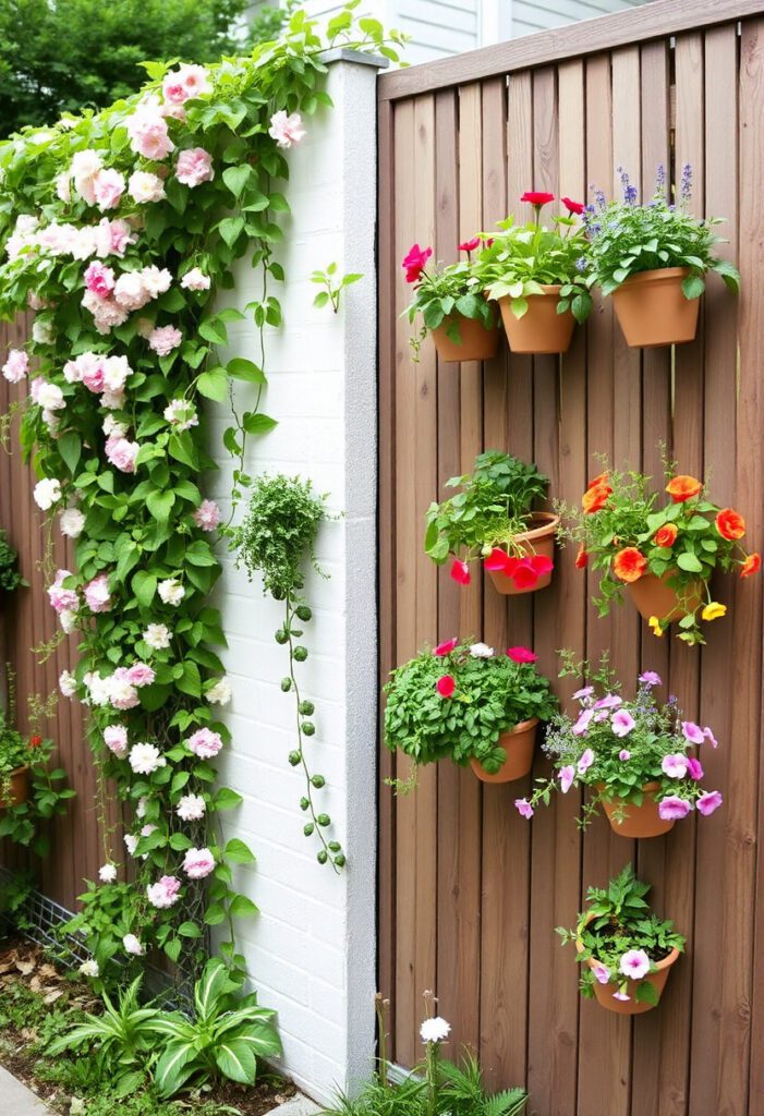 Vertical garden with climbing plants and wall planters maximizing space and adding greenery to a compact home garden area.