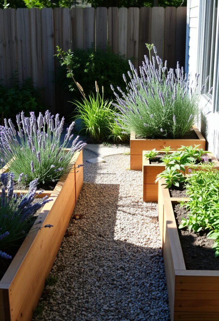 Sunny herb garden corner with raised beds of lavender, rosemary, and mint, bordered by gravel paths for a practical and fragrant home garden layout.
