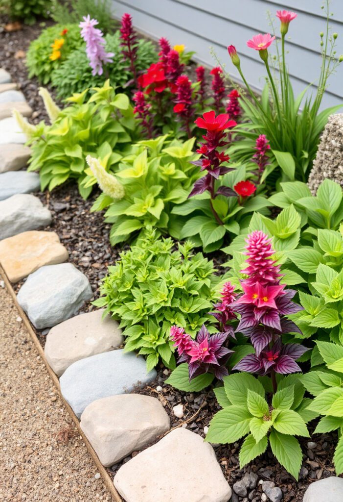 Rain garden filled with vibrant water-loving plants and natural stones, helping manage runoff while adding beauty to the yard.