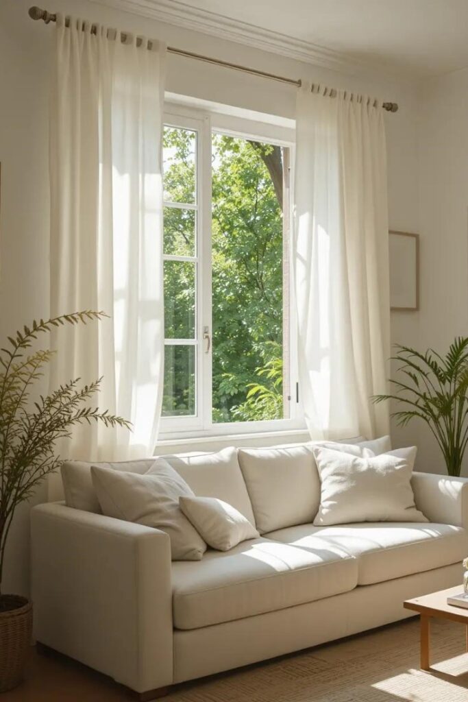 Sheer white curtains in a summer living room allow sunlight to filter in, creating a breezy, light-filled atmosphere.