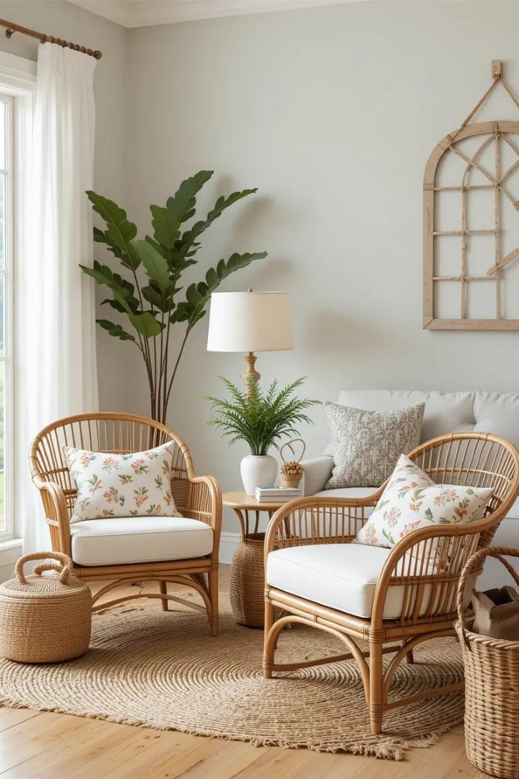 Natural textures like jute rugs, rattan furniture, and woven baskets bring summer freshness to a cozy living room.