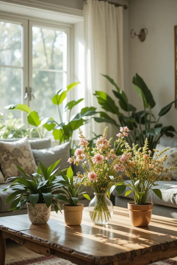 Lush summer botanicals add freshness and vitality to a bright, plant-filled summer living room.