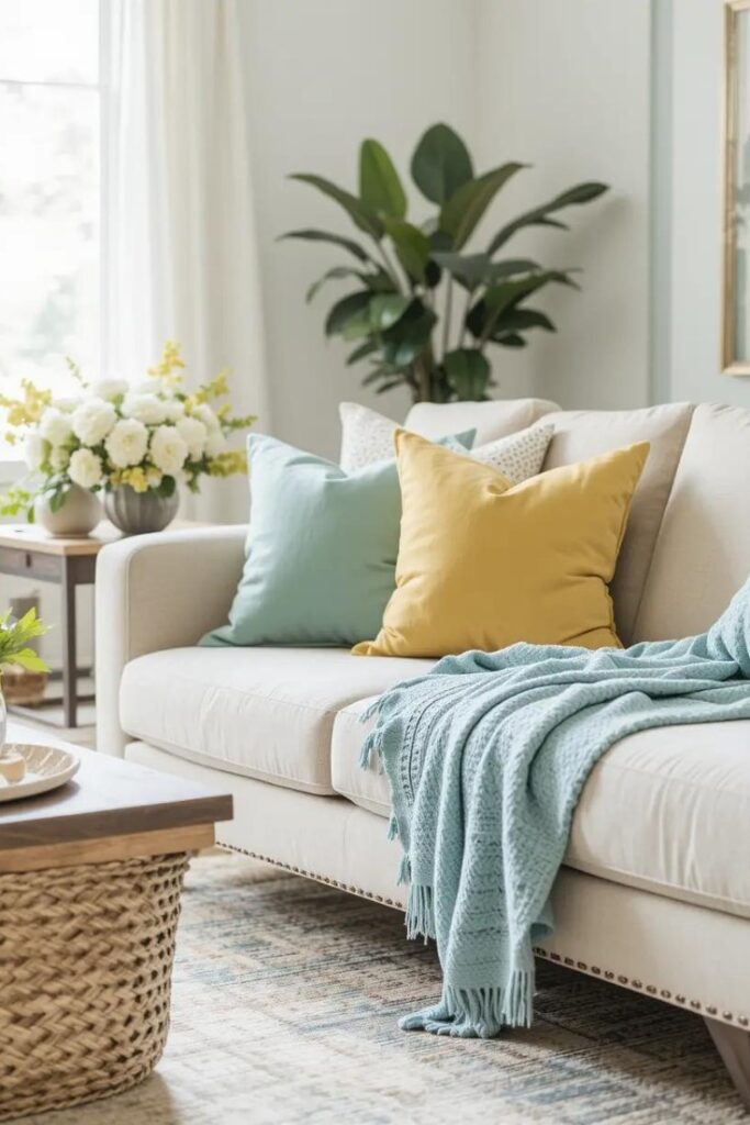 Cool summer hues like soft blue, mint, and pale yellow refresh a living room's seasonal color palette.