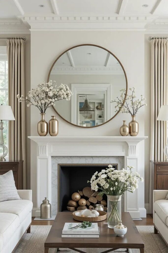 Reflective surfaces like mirrors and metallic accents amplify summer light in the living room.