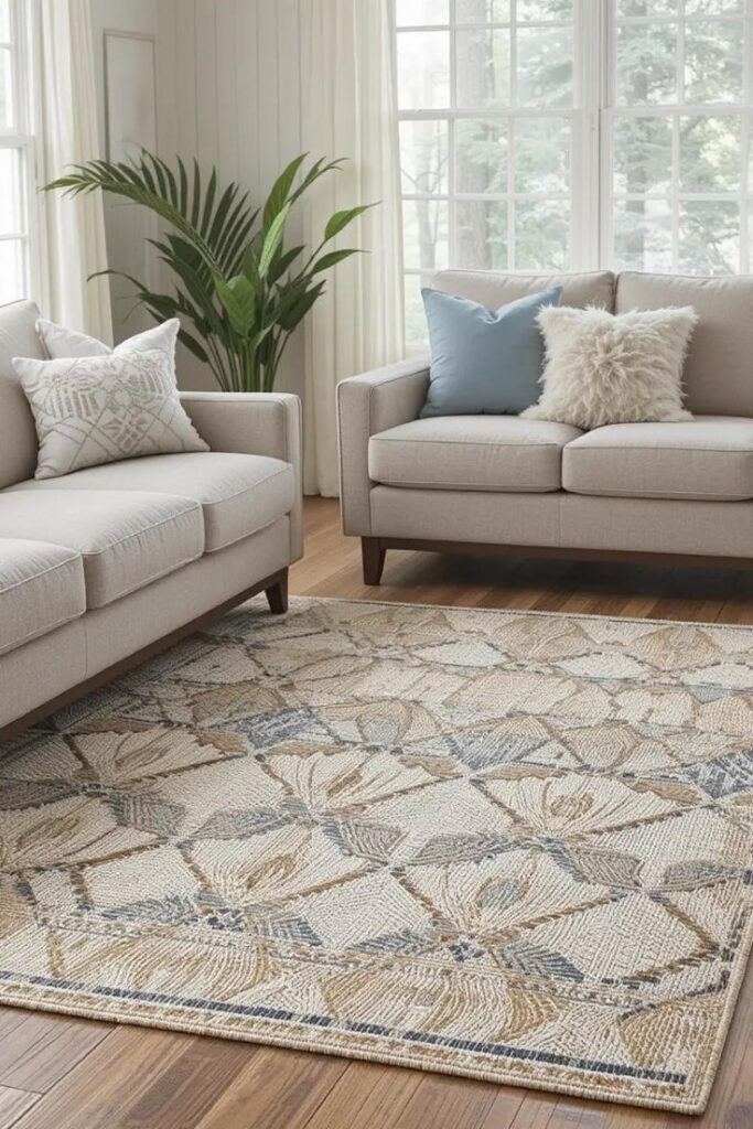 Layering lightweight rugs adds depth and texture while keeping a living room cool for summer.