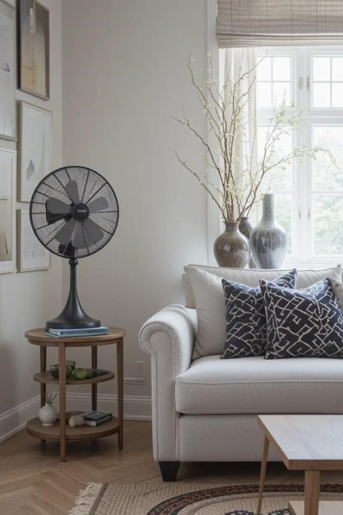 Cooling elements like fans and glass decor promote visual freshness in summer living room styling.
