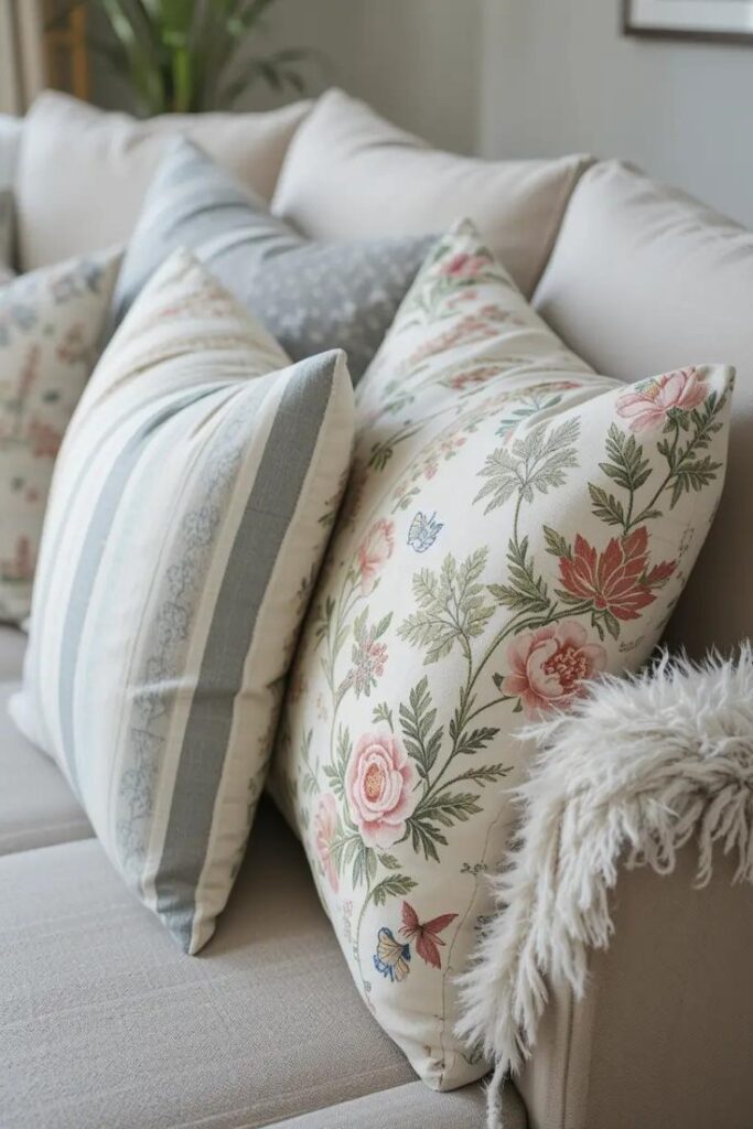 Swapping heavy pillows for breathable cotton ones in summer prints updates a living room for warmer months.