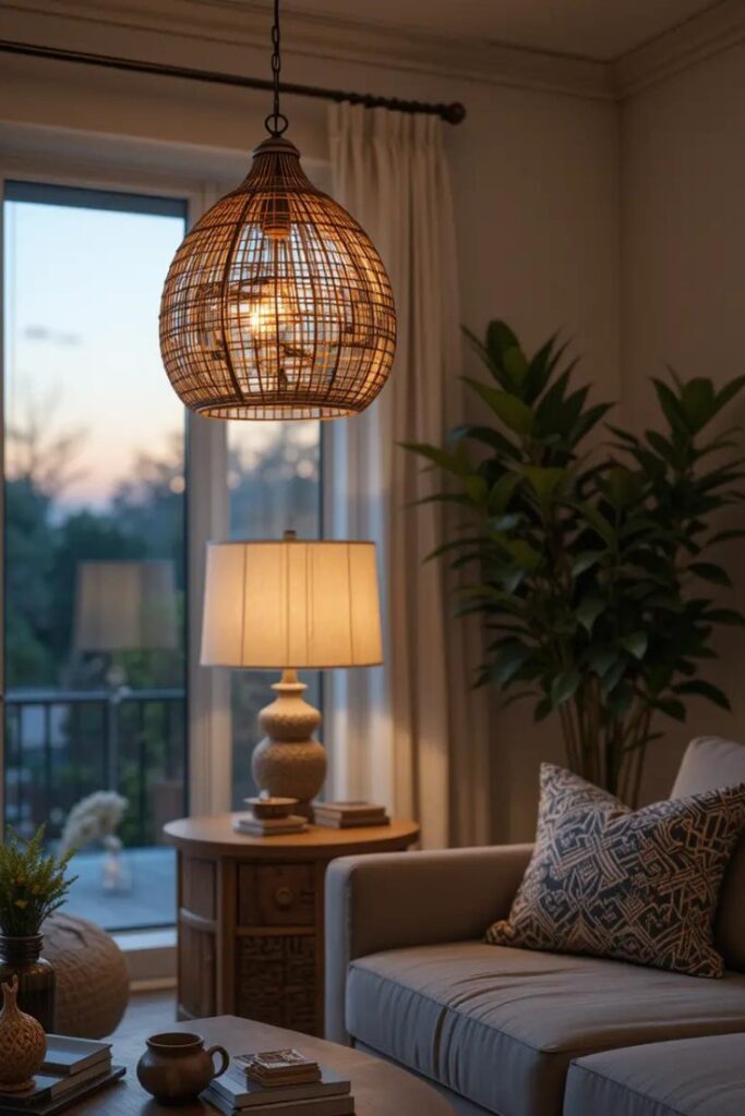 Updating lighting with rattan pendants and light linen shades enhances summer ambiance in the living room.