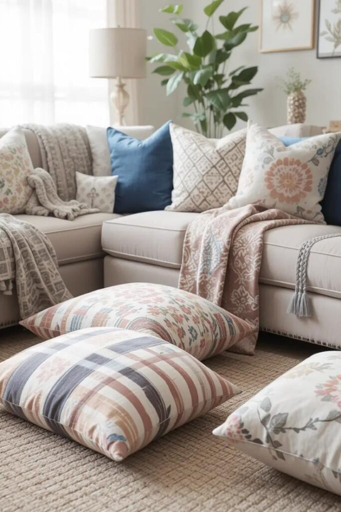 Summer patterns like stripes and botanicals bring lively energy and seasonal personality to the living room.