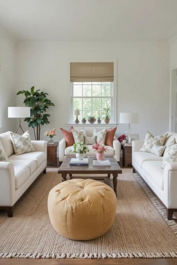 Rearranged seating and casual poufs encourage relaxed summer conversations in an inviting living room layout.