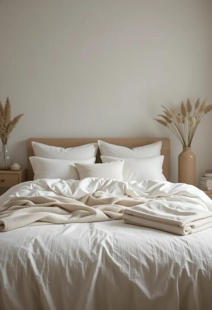 Neutral summer bedroom with undyed linen bedding in cream tones