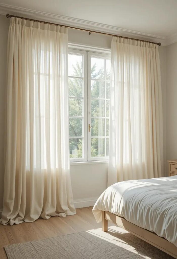 A bright bedroom featuring sheer ivory linen curtains hung from ceiling to floor, gently diffusing sunlight.