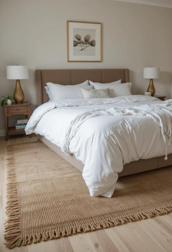 Neutral bedroom with a jute area rug layered beneath a soft beige cotton rug