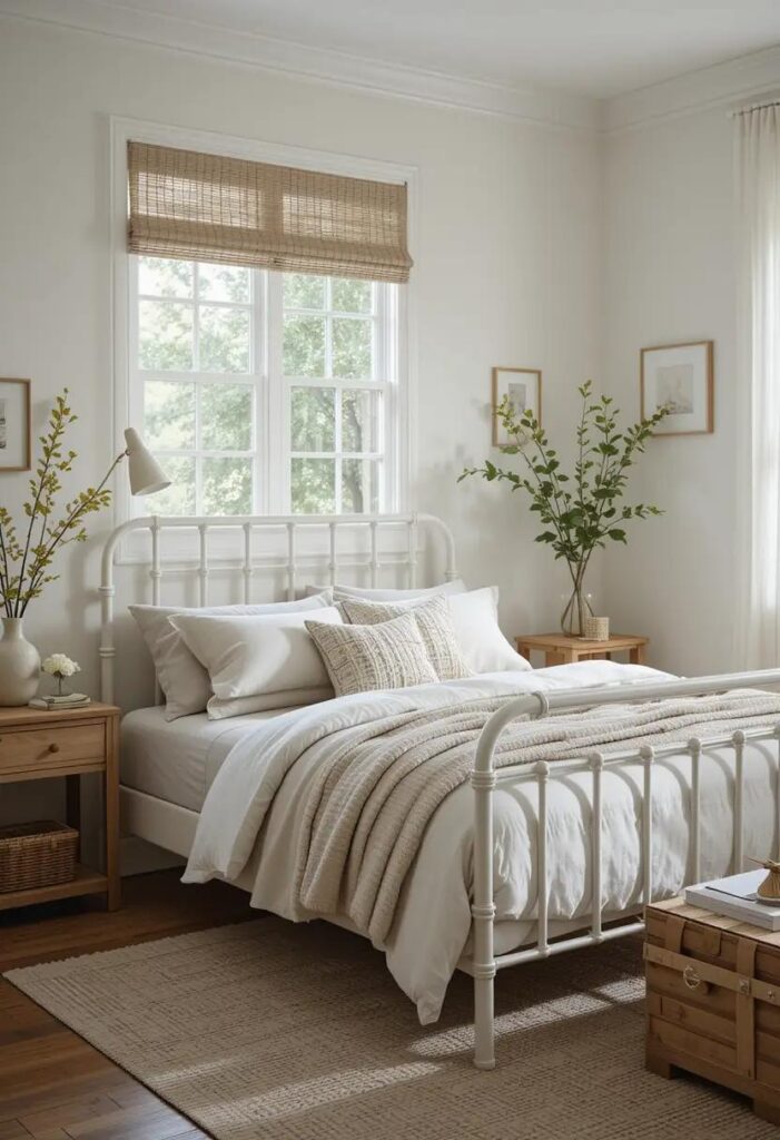 Minimalist summer bedroom featuring a light wood bed frame with linen bedding, creating an open and breathable layout.