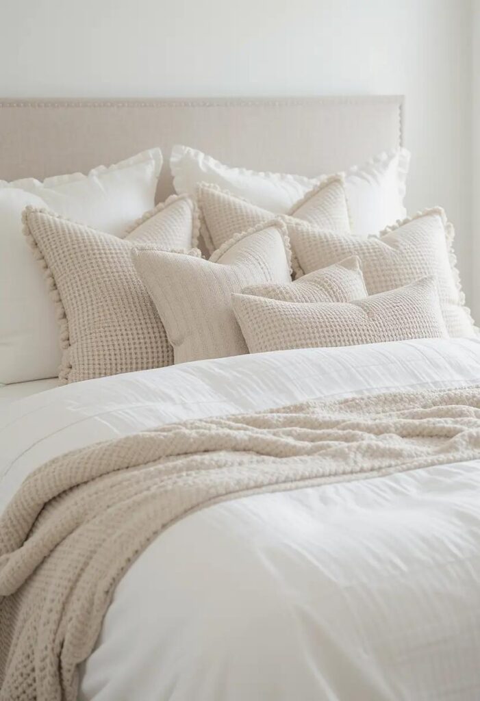 Bed layered with neutral cotton and linen throw pillows in ivory, beige, and gray, adding texture without bold color.