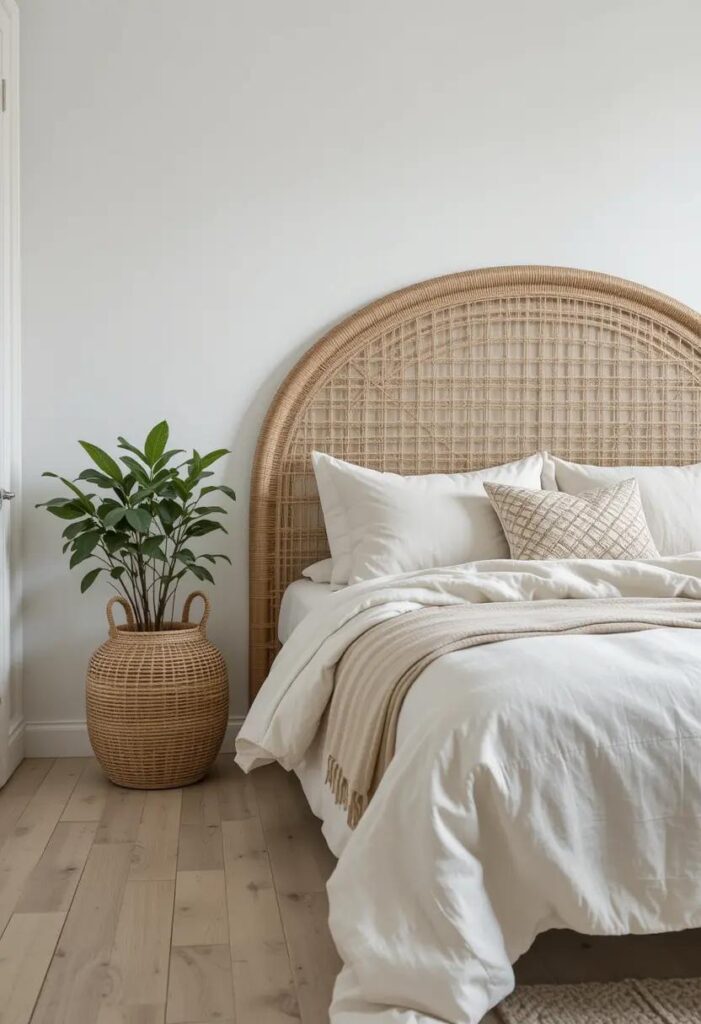 Neutral summer bedroom with rattan headboard and wicker baskets, adding airy texture and natural warmth to the decor.