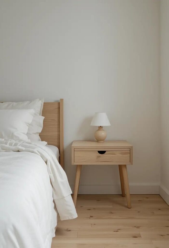 Neutral bedroom featuring light wood minimalist bedside tables with a small lamp and single decor item for a clean summer look.