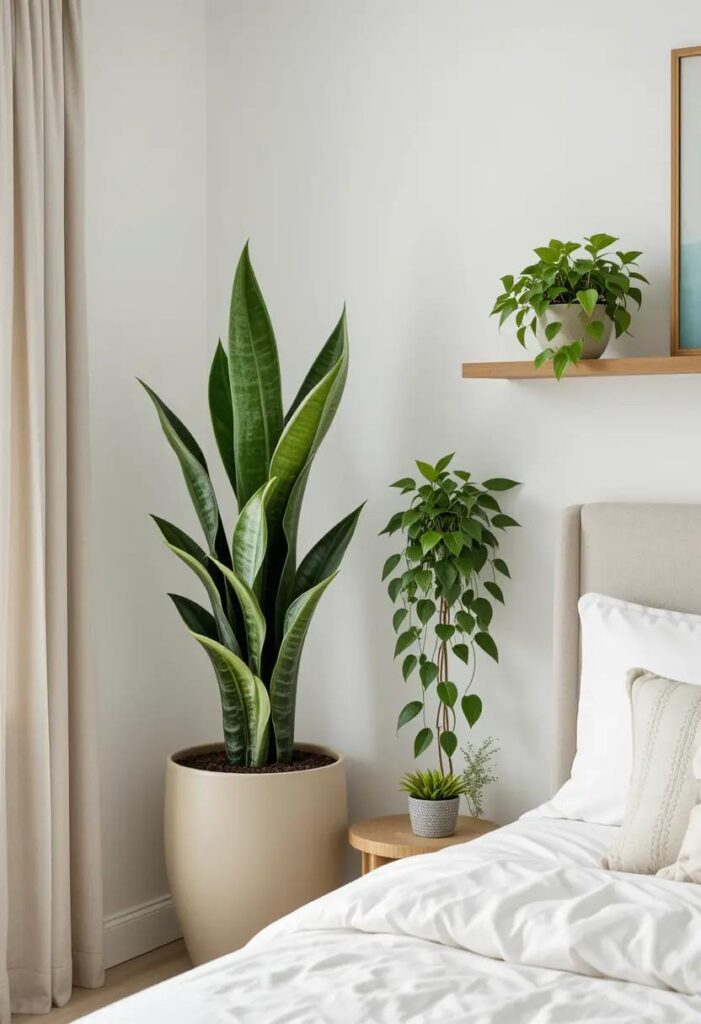 Neutral bedroom with a snake plant and pothos in terracotta and cream planters, adding a fresh summer feel to the space.
