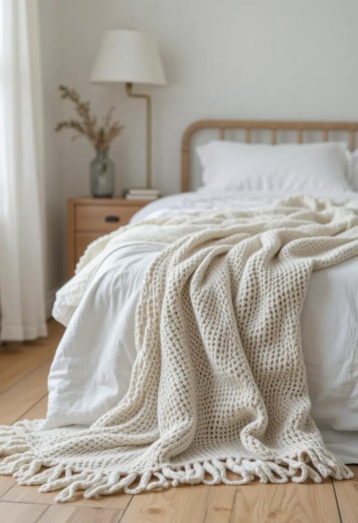 A loosely folded cream or pale gray open-weave cotton throw sits at the foot of a white-linen bed. The bed is framed by soft, filtered light and surrounded by light woods and calming neutrals.