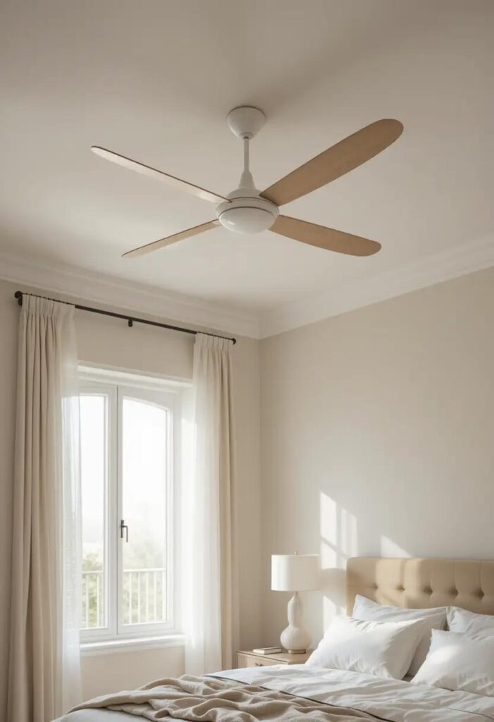 Neutral bedroom with a minimalist ceiling fan in white and light wood, adding practical cooling with subtle style.