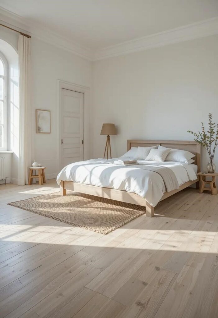Bedroom with bleached oak flooring and neutral decor, creating a bright, reflective base perfect for summer.
