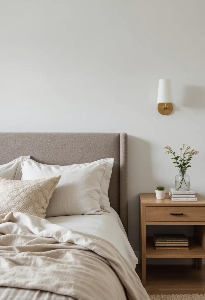 Bedroom with brass wall sconces above the bed, freeing up neutral-toned nightstands for a minimalist summer layout.