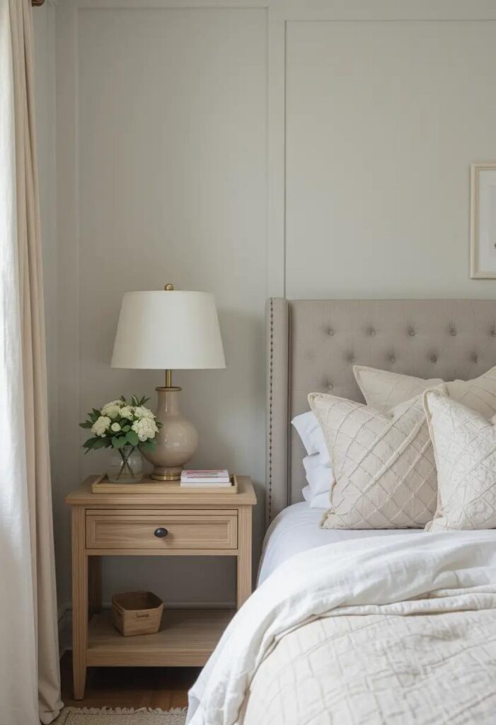 Neutral bedroom with light wood tray and carved beads on a dresser, adding subtle organic texture to summer decor.