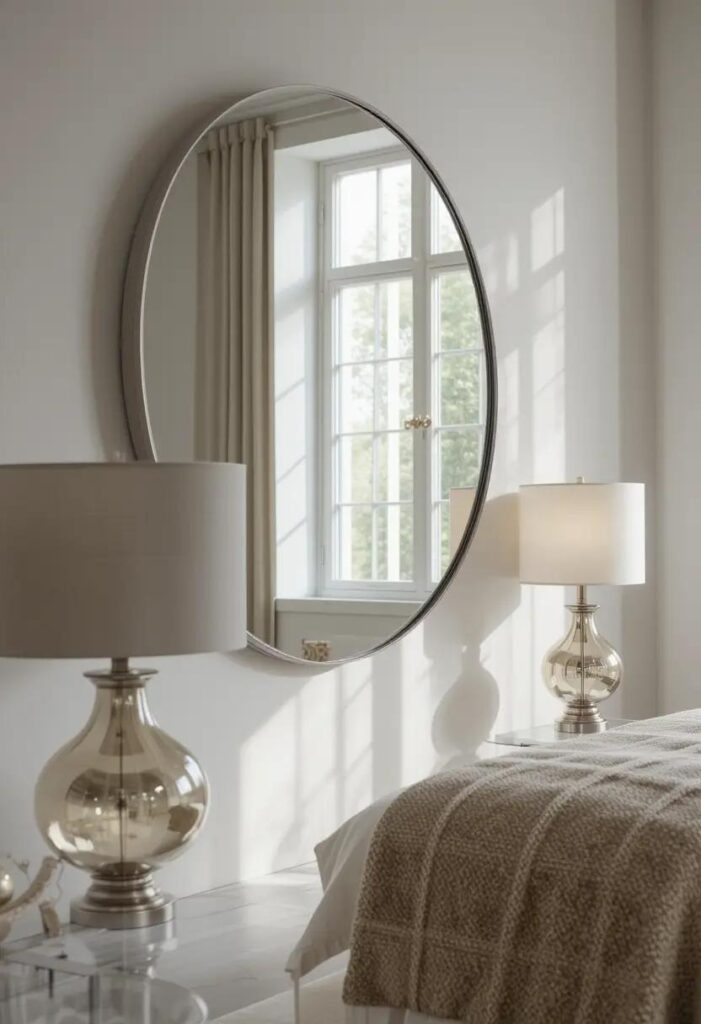 Neutral bedroom with large round mirror reflecting sunlight across the space, enhancing brightness and openness.