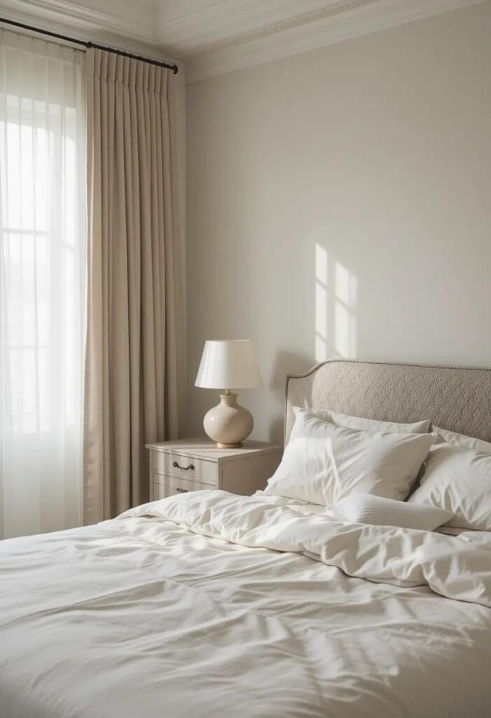 Summer bedroom with decluttered surfaces, minimal decor, and neutral bedding, creating a calm and breathable space.