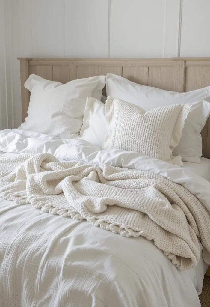 Neutral bedroom featuring layered white bedding with a mix of textures—waffle weave, cotton, and open-knit throw.
