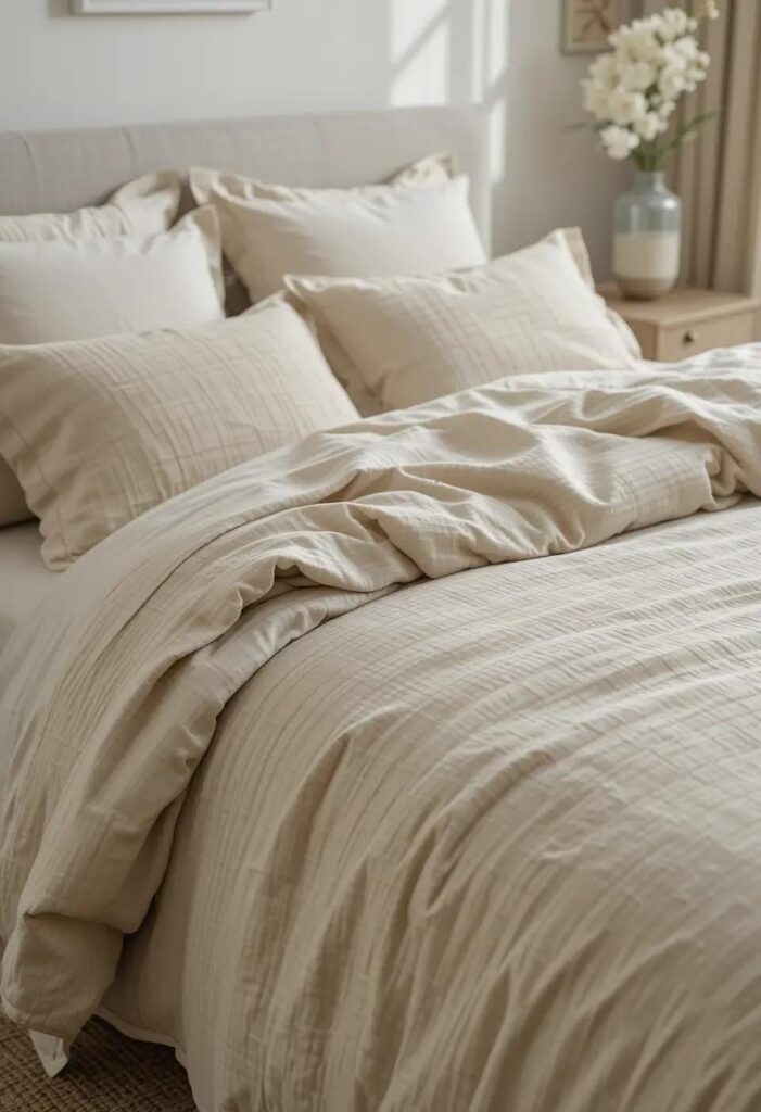 Neutral bedroom featuring subtle pinstripe bedding and a softly patterned rug in beige tones, adding quiet visual interest.