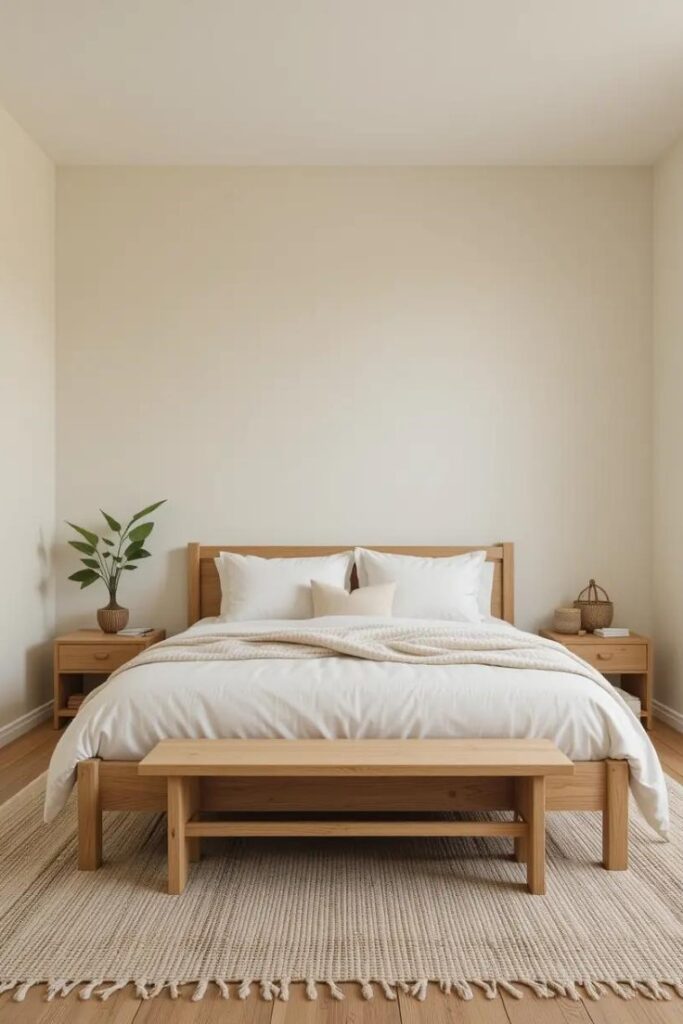 Beige bedroom featuring natural wood furniture and soft organic accents for a calming, earthy feel.
