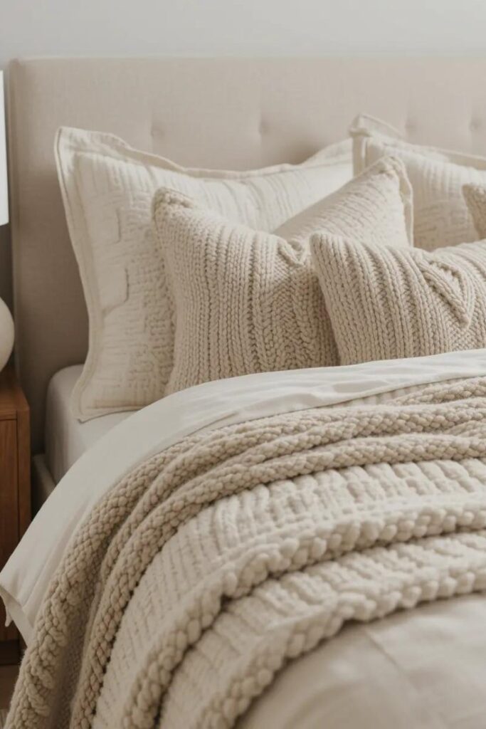 Beige bedroom featuring rich textural contrast with knit throws, bouclé pillows, and linen bedding.