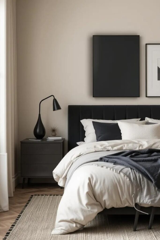 Neutral beige bedroom with sleek black accents for visual contrast and modern edge.